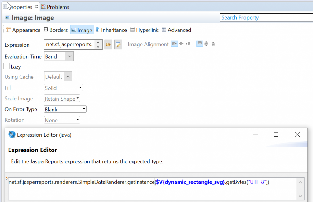 Image Expression im Bericht, die die SVG Variable und den SimpleDataRenderer nutzt